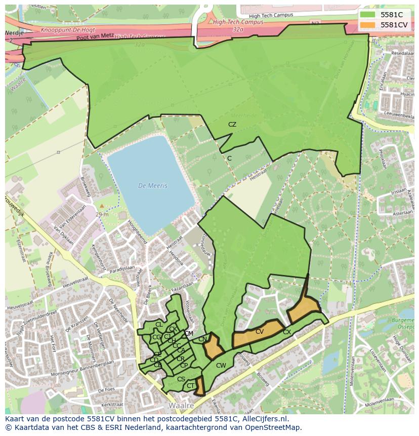 Afbeelding van het postcodegebied 5581 CV op de kaart.