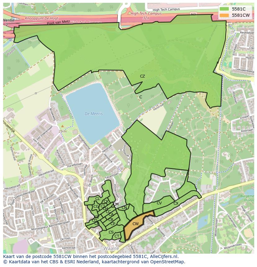 Afbeelding van het postcodegebied 5581 CW op de kaart.