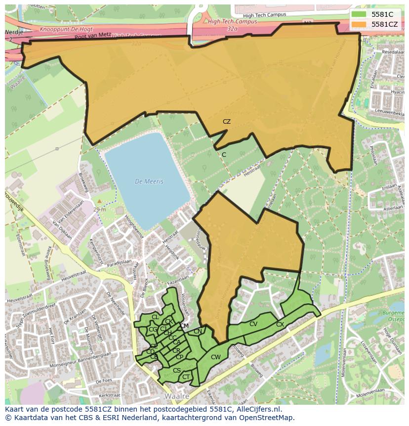 Afbeelding van het postcodegebied 5581 CZ op de kaart.