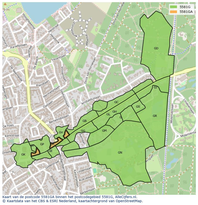 Afbeelding van het postcodegebied 5581 GA op de kaart.