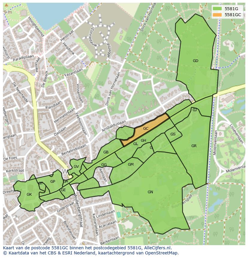 Afbeelding van het postcodegebied 5581 GC op de kaart.