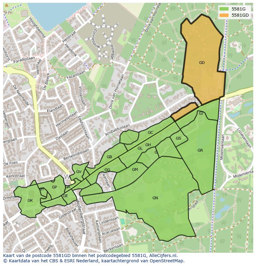 Afbeelding van het postcodegebied 5581 GD op de kaart.