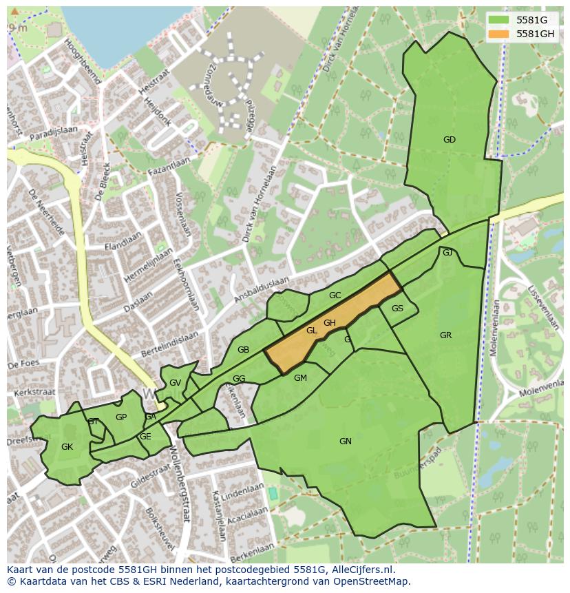 Afbeelding van het postcodegebied 5581 GH op de kaart.