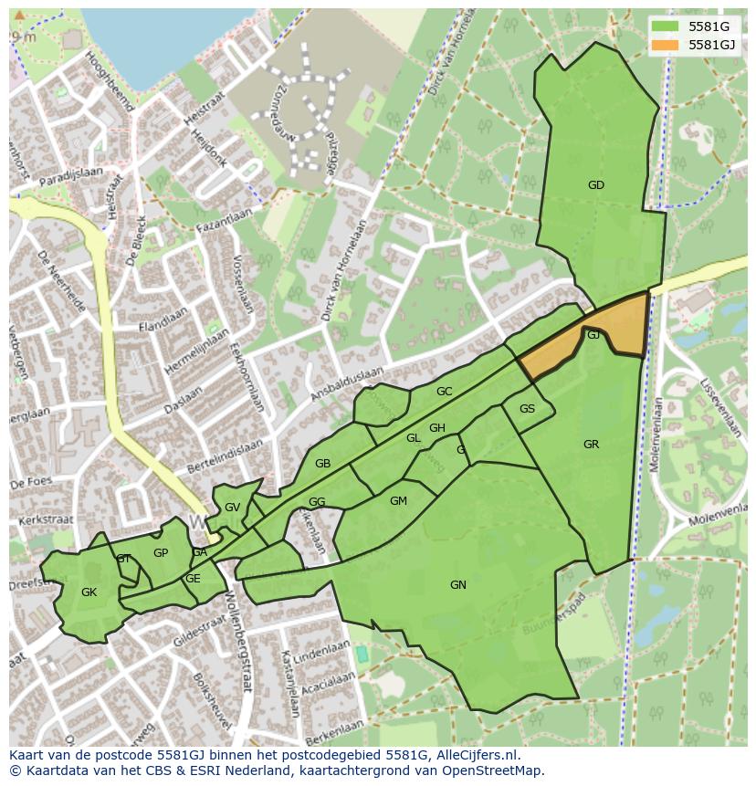 Afbeelding van het postcodegebied 5581 GJ op de kaart.