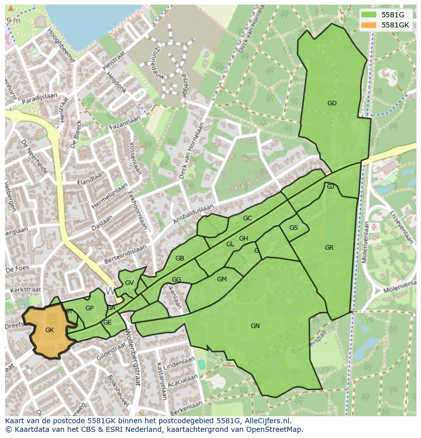 Afbeelding van het postcodegebied 5581 GK op de kaart.