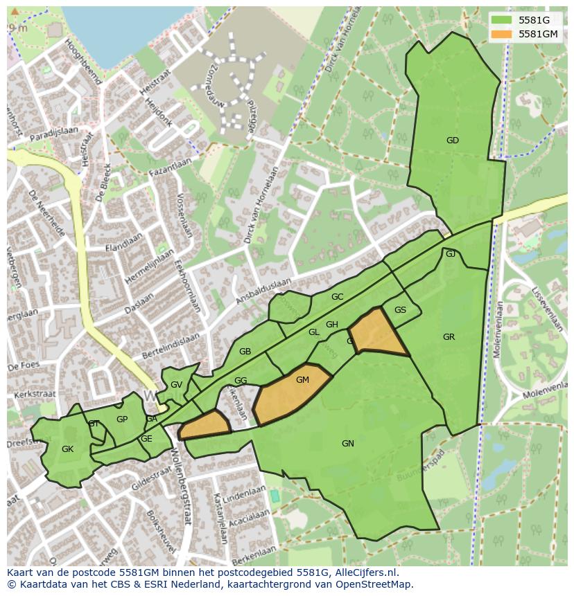 Afbeelding van het postcodegebied 5581 GM op de kaart.