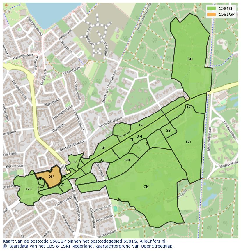 Afbeelding van het postcodegebied 5581 GP op de kaart.