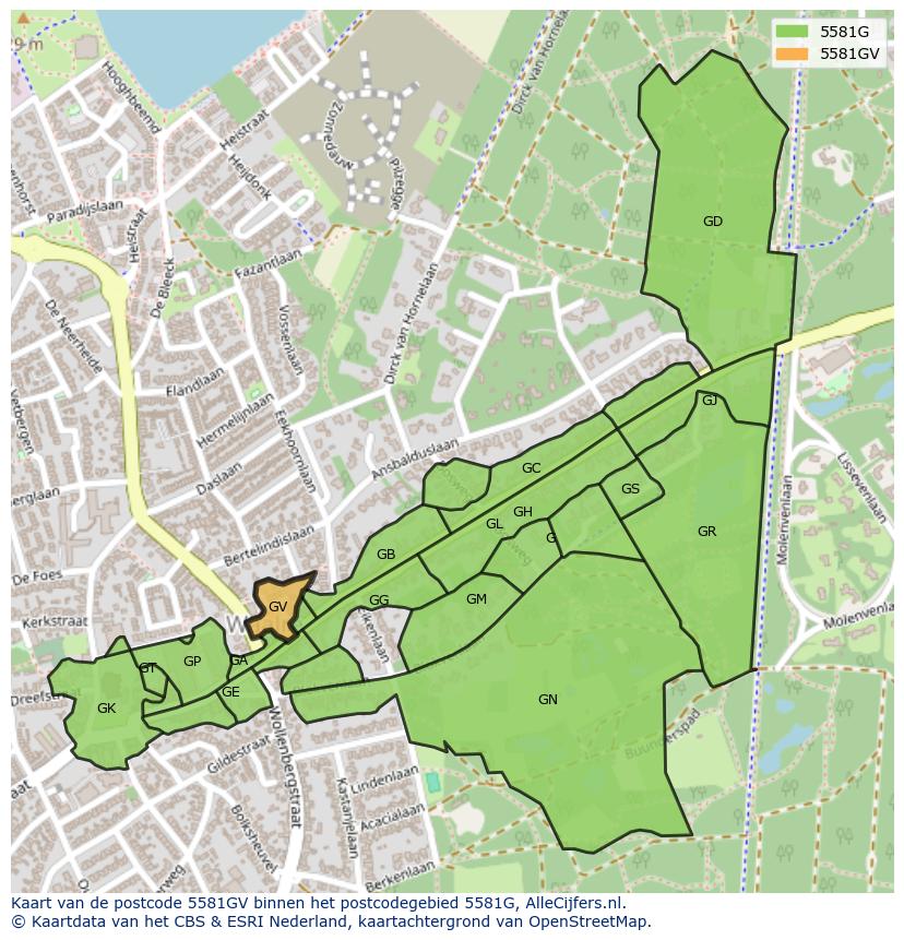 Afbeelding van het postcodegebied 5581 GV op de kaart.