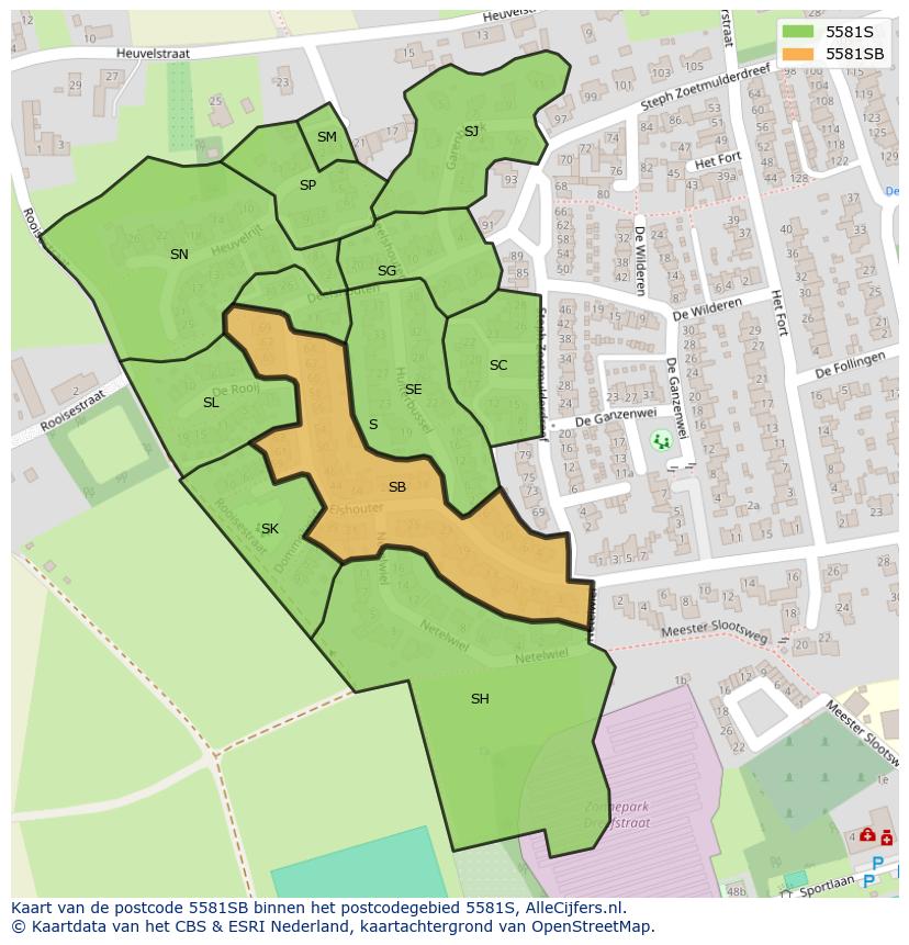 Afbeelding van het postcodegebied 5581 SB op de kaart.