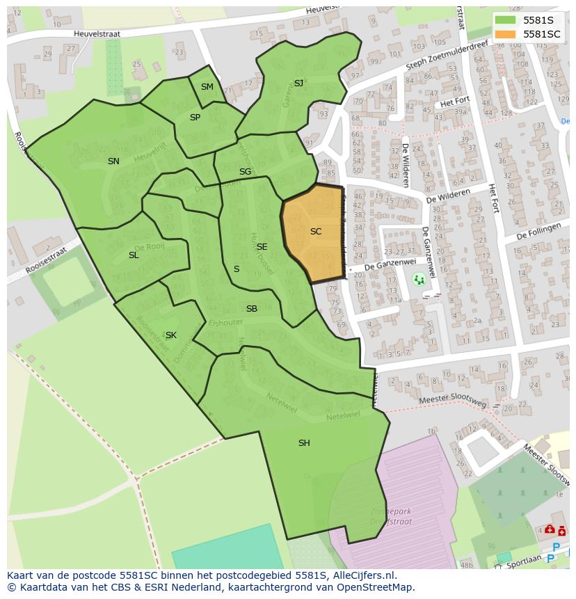 Afbeelding van het postcodegebied 5581 SC op de kaart.