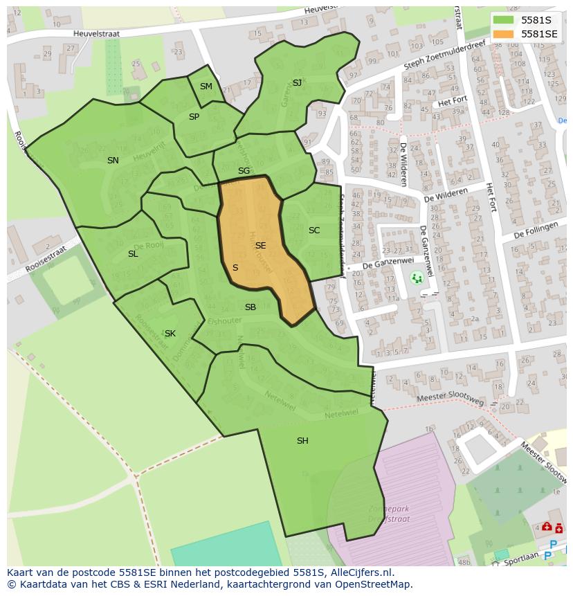 Afbeelding van het postcodegebied 5581 SE op de kaart.
