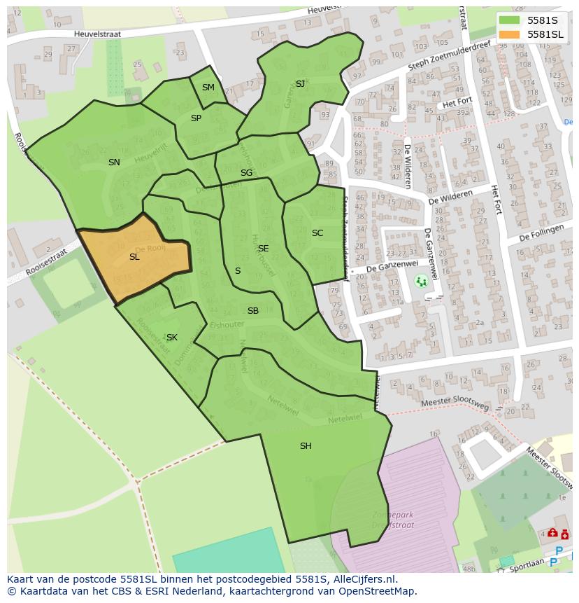 Afbeelding van het postcodegebied 5581 SL op de kaart.