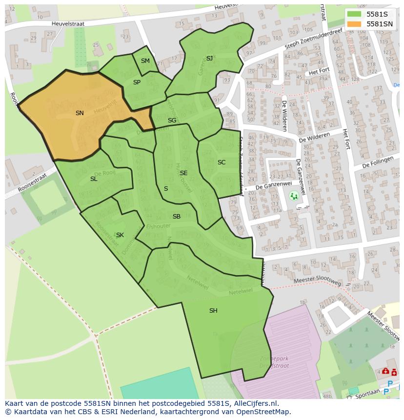 Afbeelding van het postcodegebied 5581 SN op de kaart.