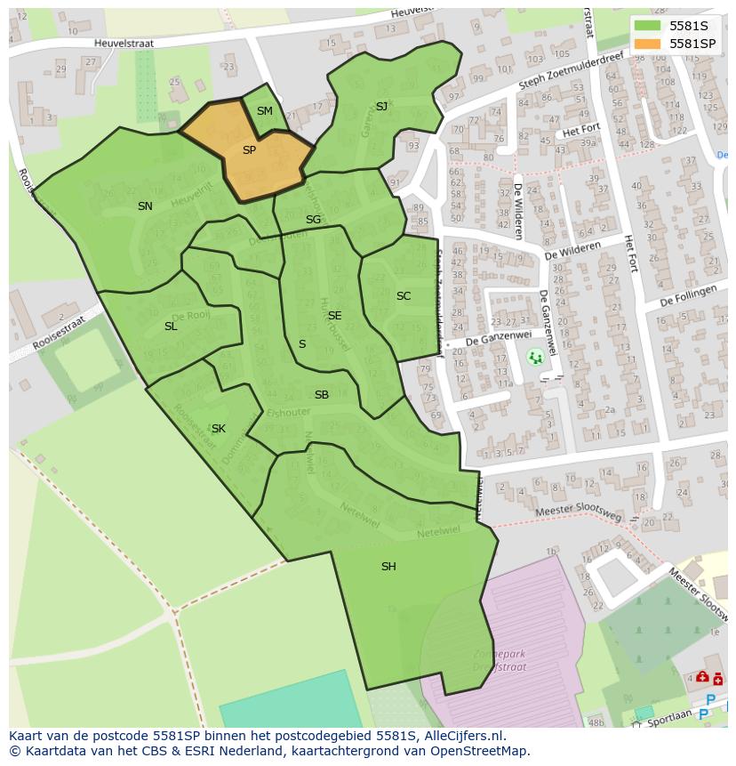 Afbeelding van het postcodegebied 5581 SP op de kaart.