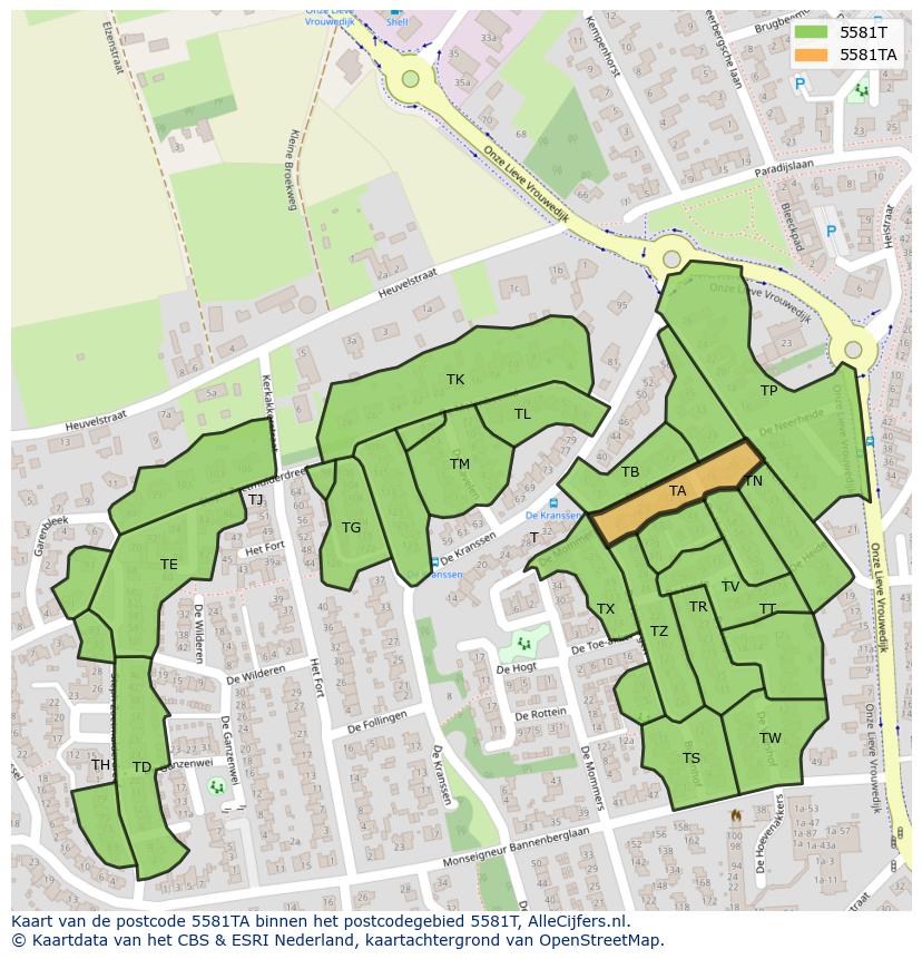 Afbeelding van het postcodegebied 5581 TA op de kaart.