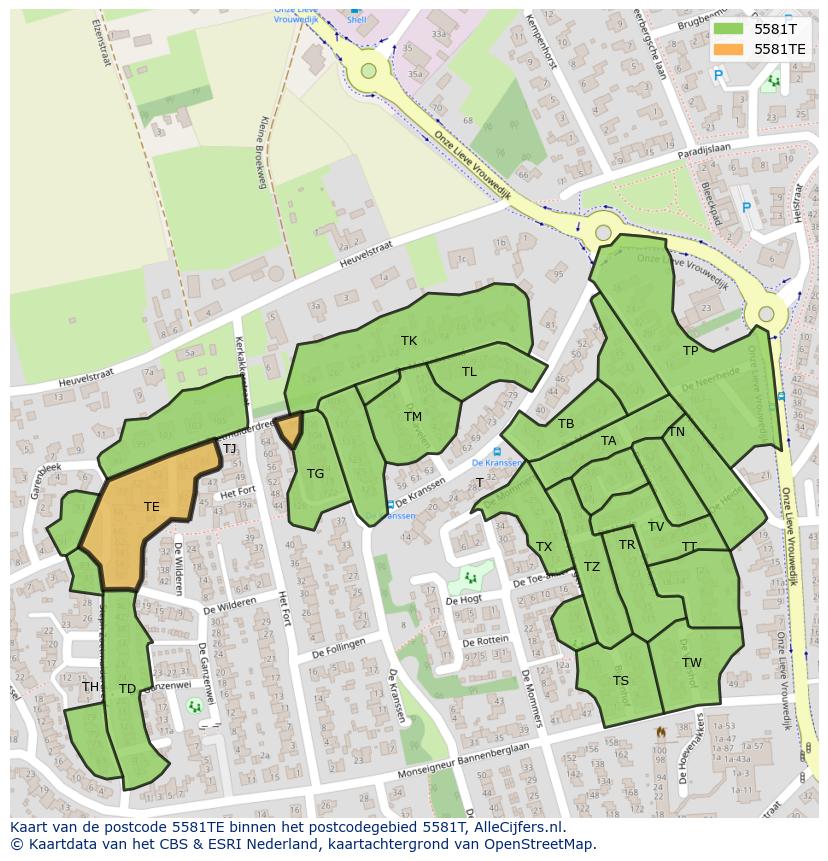 Afbeelding van het postcodegebied 5581 TE op de kaart.