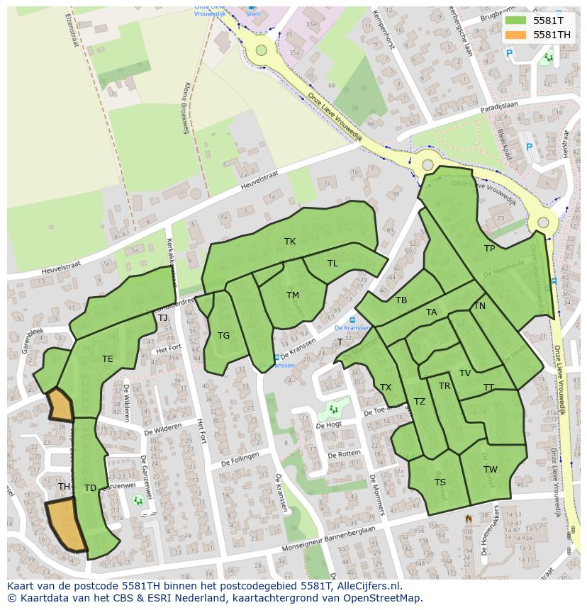 Afbeelding van het postcodegebied 5581 TH op de kaart.