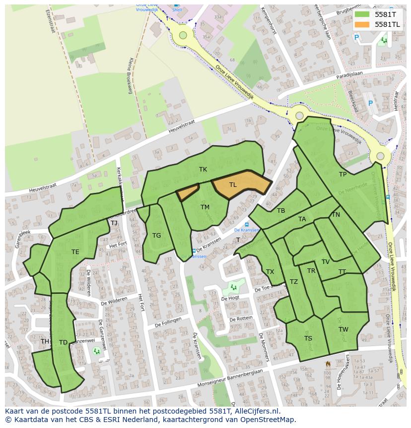 Afbeelding van het postcodegebied 5581 TL op de kaart.