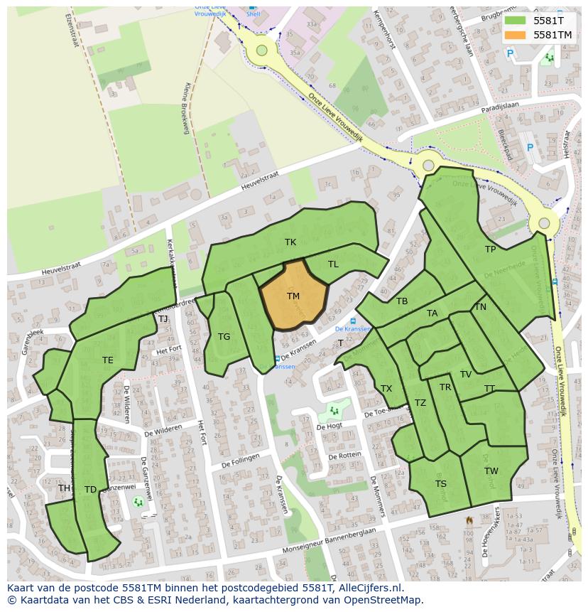 Afbeelding van het postcodegebied 5581 TM op de kaart.