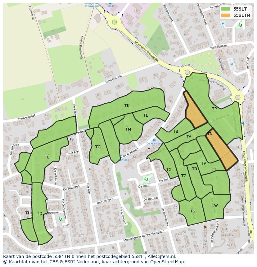 Afbeelding van het postcodegebied 5581 TN op de kaart.
