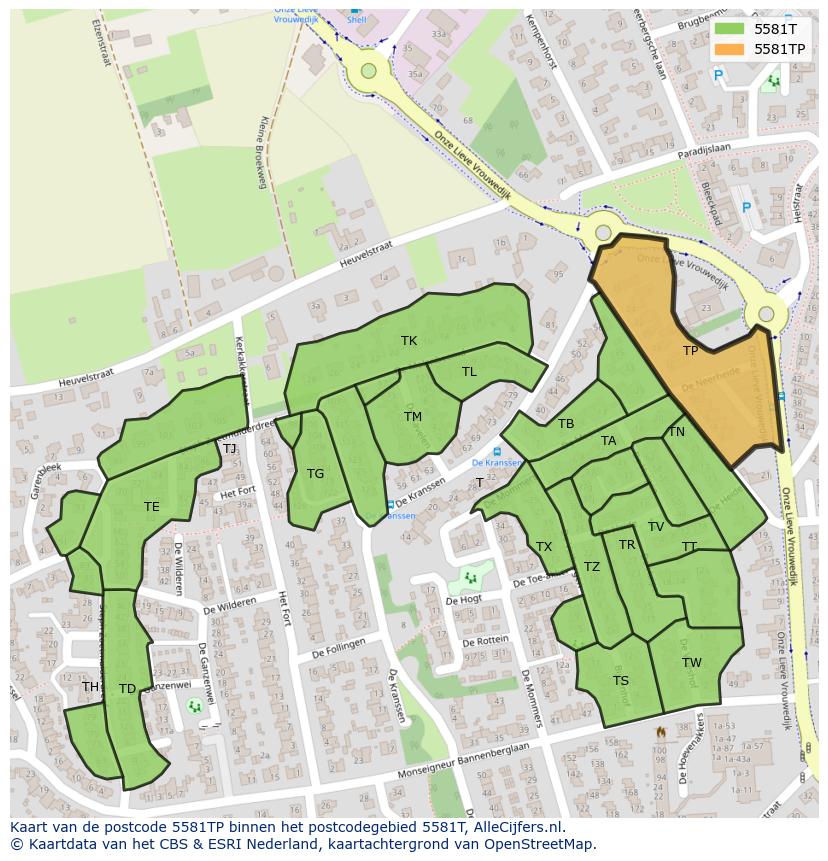 Afbeelding van het postcodegebied 5581 TP op de kaart.
