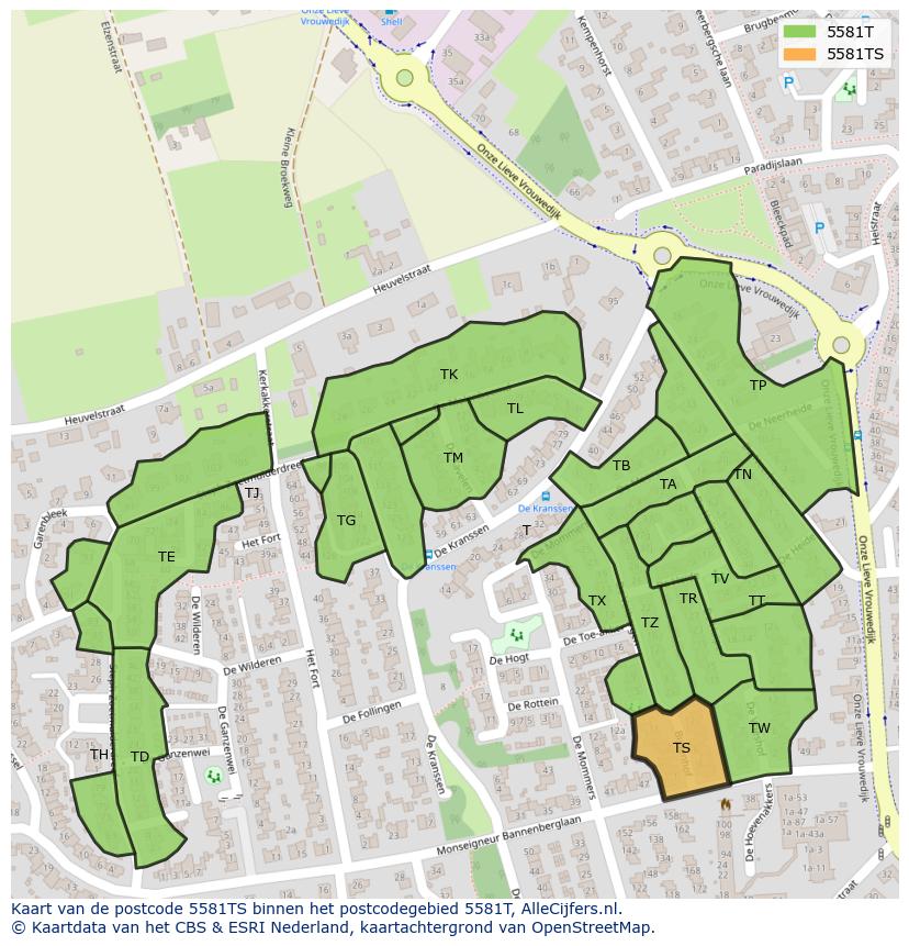 Afbeelding van het postcodegebied 5581 TS op de kaart.