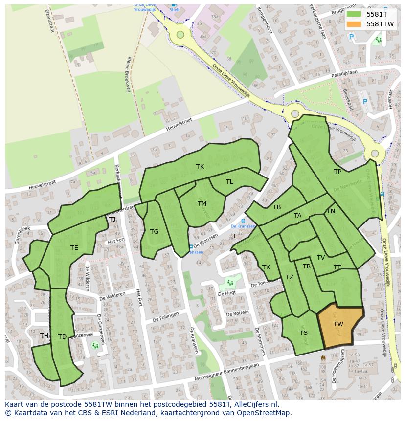 Afbeelding van het postcodegebied 5581 TW op de kaart.