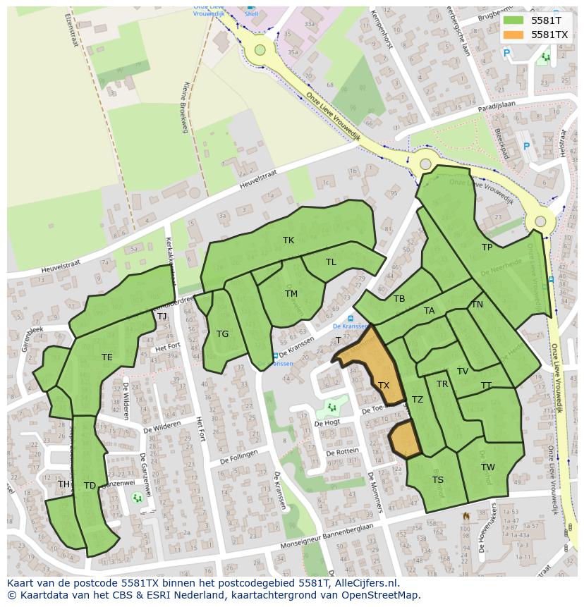 Afbeelding van het postcodegebied 5581 TX op de kaart.