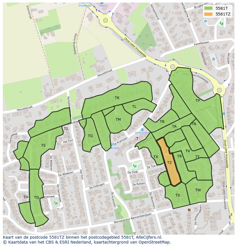 Afbeelding van het postcodegebied 5581 TZ op de kaart.