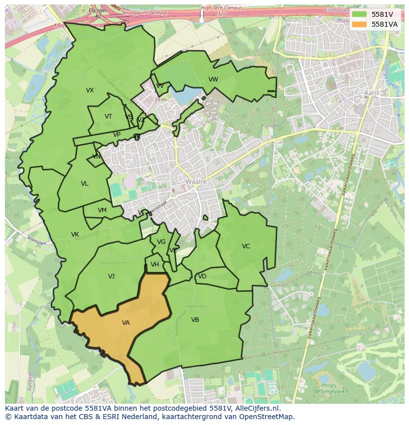 Afbeelding van het postcodegebied 5581 VA op de kaart.