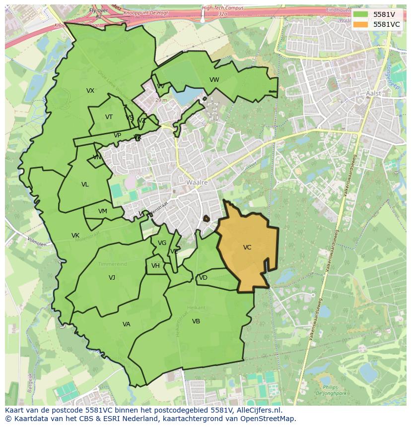 Afbeelding van het postcodegebied 5581 VC op de kaart.