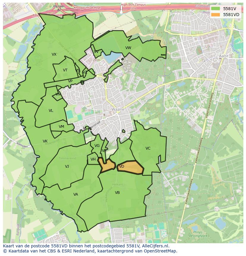 Afbeelding van het postcodegebied 5581 VD op de kaart.