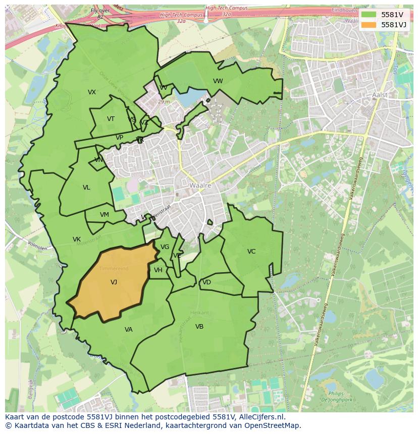 Afbeelding van het postcodegebied 5581 VJ op de kaart.