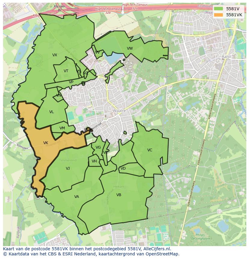 Afbeelding van het postcodegebied 5581 VK op de kaart.