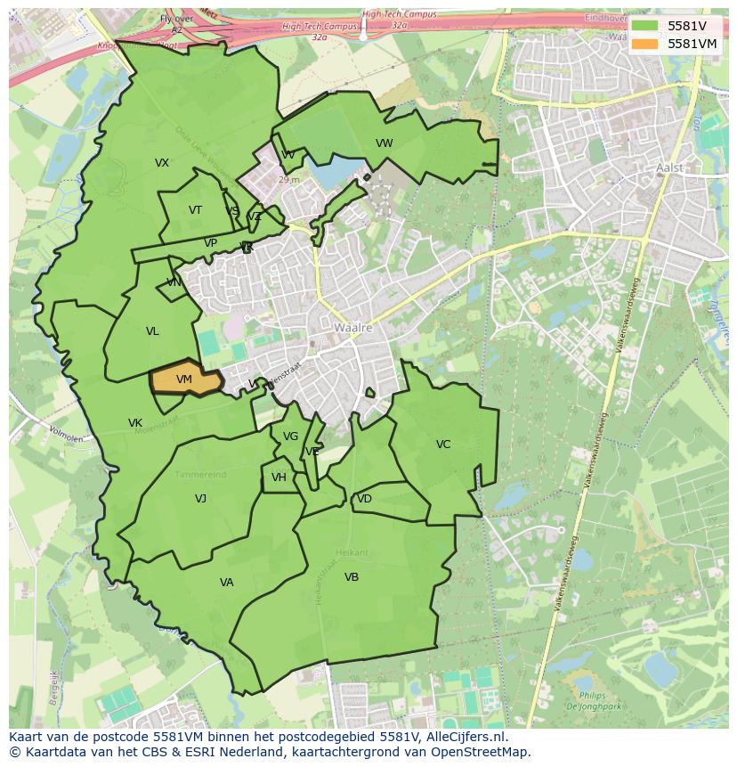Afbeelding van het postcodegebied 5581 VM op de kaart.