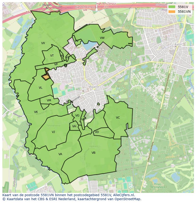 Afbeelding van het postcodegebied 5581 VN op de kaart.