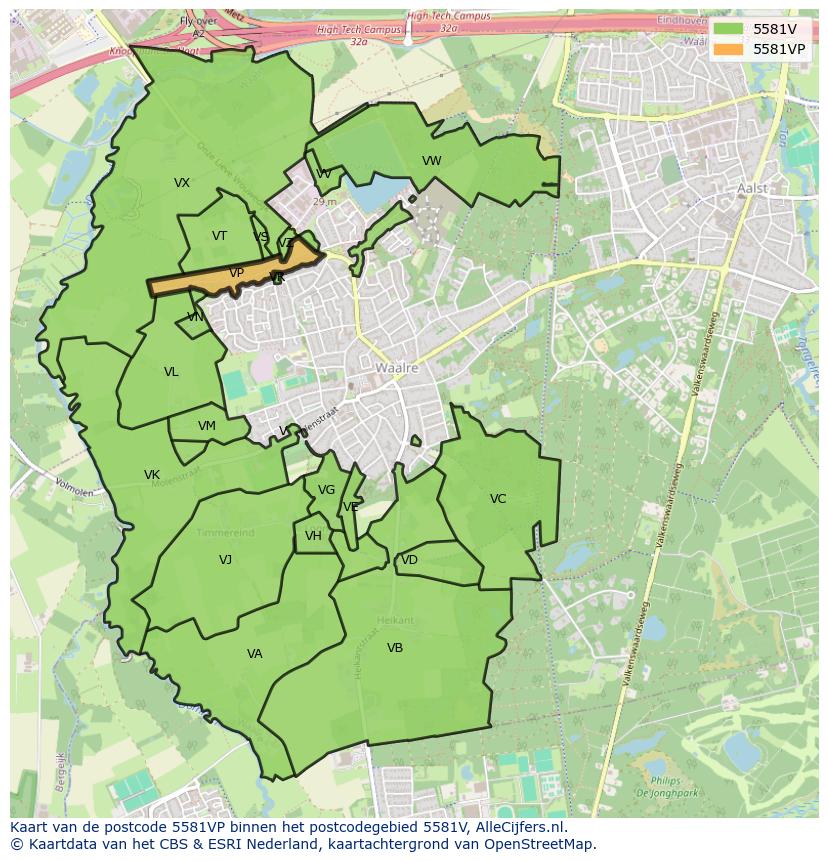 Afbeelding van het postcodegebied 5581 VP op de kaart.
