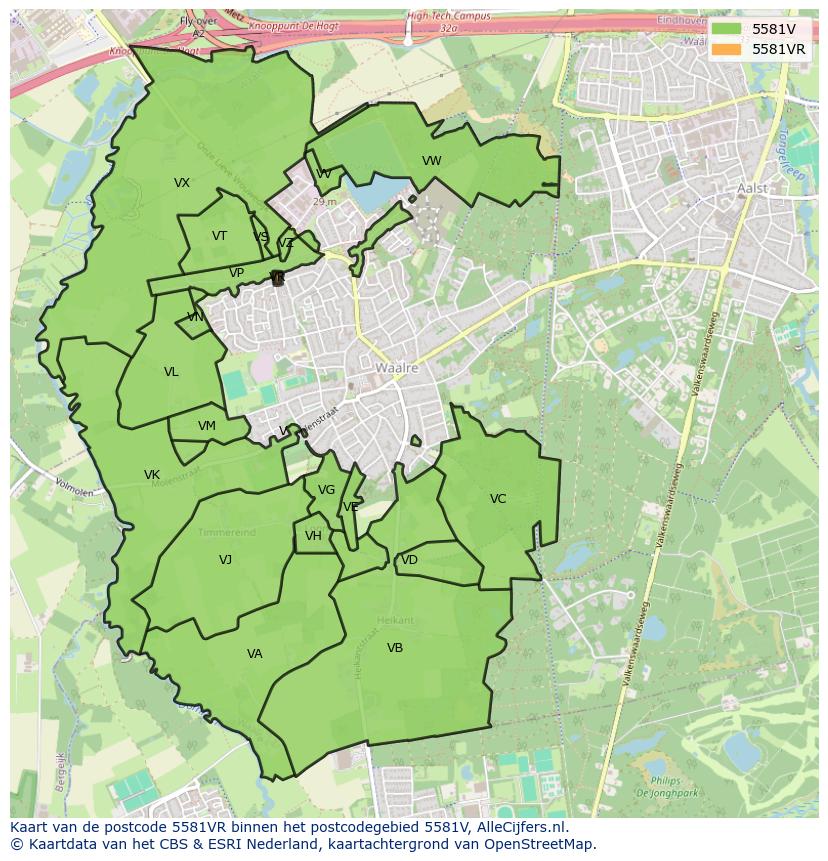 Afbeelding van het postcodegebied 5581 VR op de kaart.