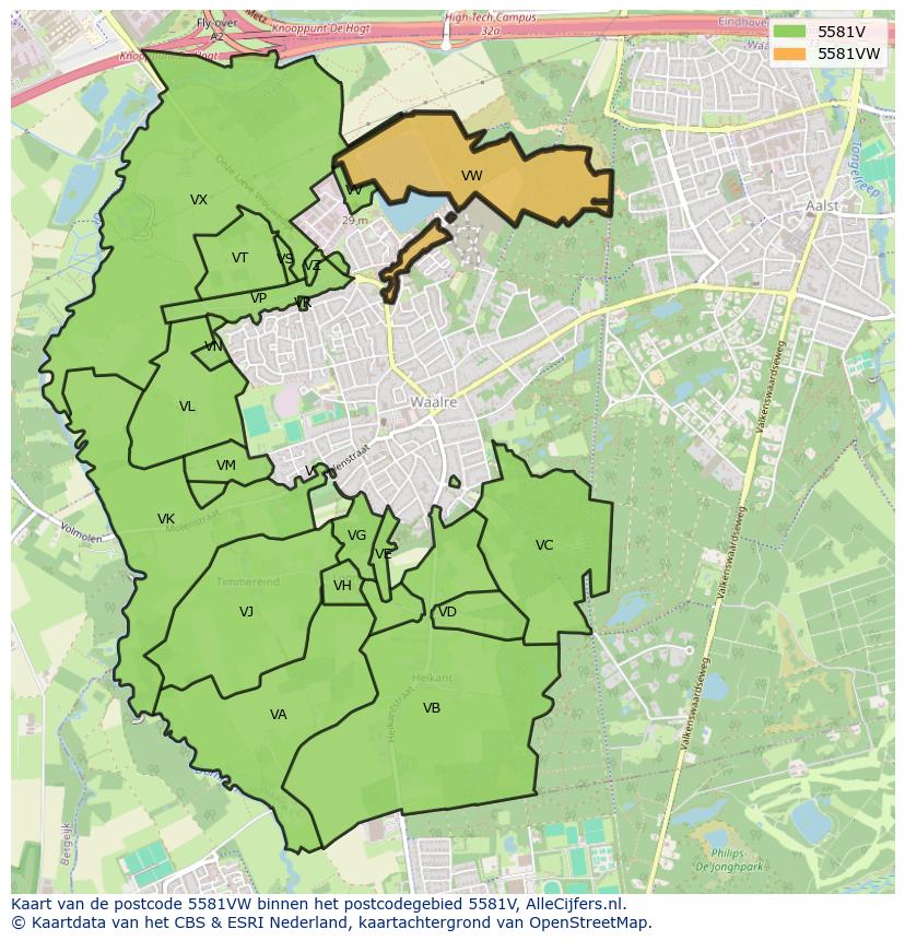 Afbeelding van het postcodegebied 5581 VW op de kaart.