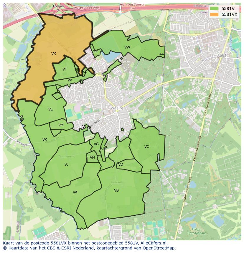 Afbeelding van het postcodegebied 5581 VX op de kaart.