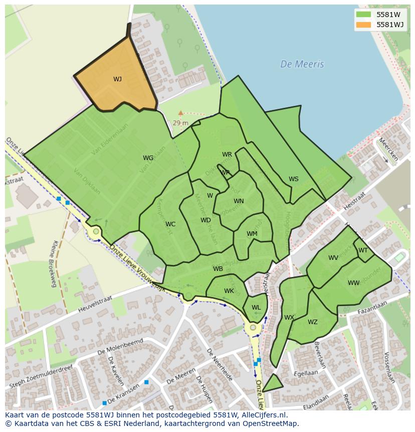 Afbeelding van het postcodegebied 5581 WJ op de kaart.