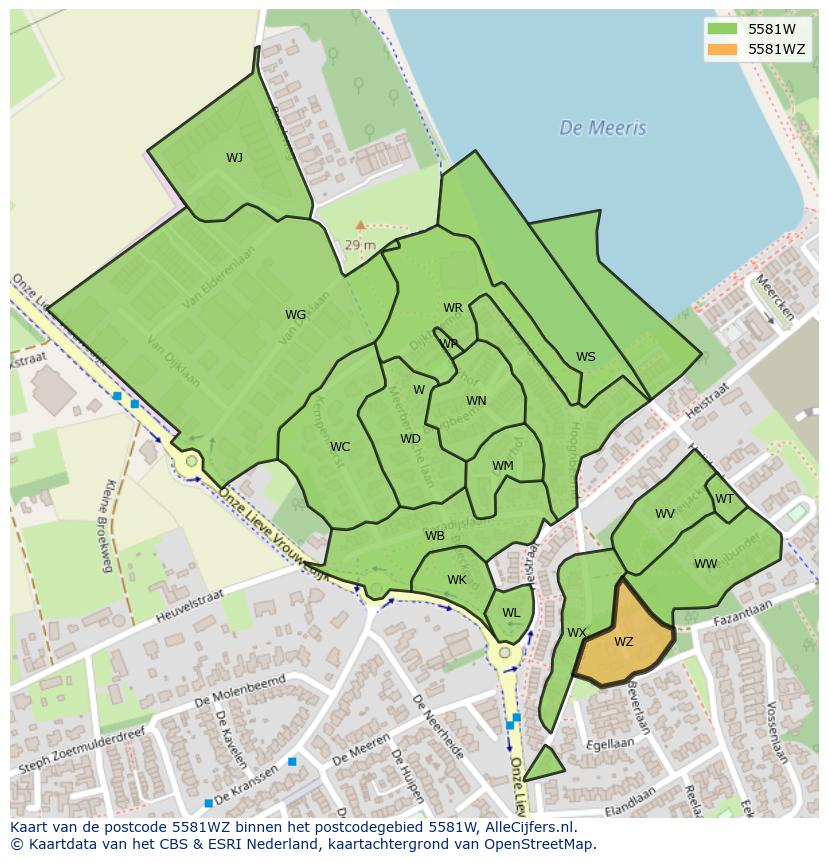 Afbeelding van het postcodegebied 5581 WZ op de kaart.
