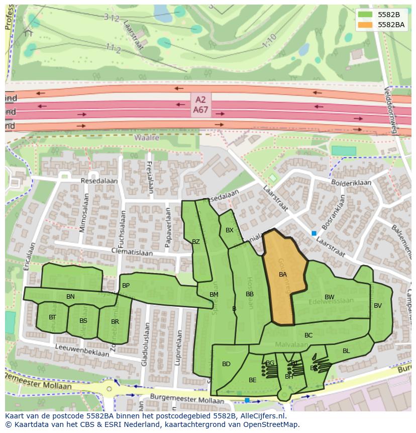 Afbeelding van het postcodegebied 5582 BA op de kaart.
