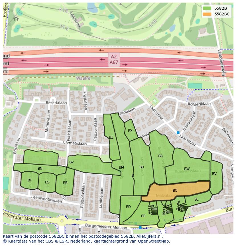 Afbeelding van het postcodegebied 5582 BC op de kaart.