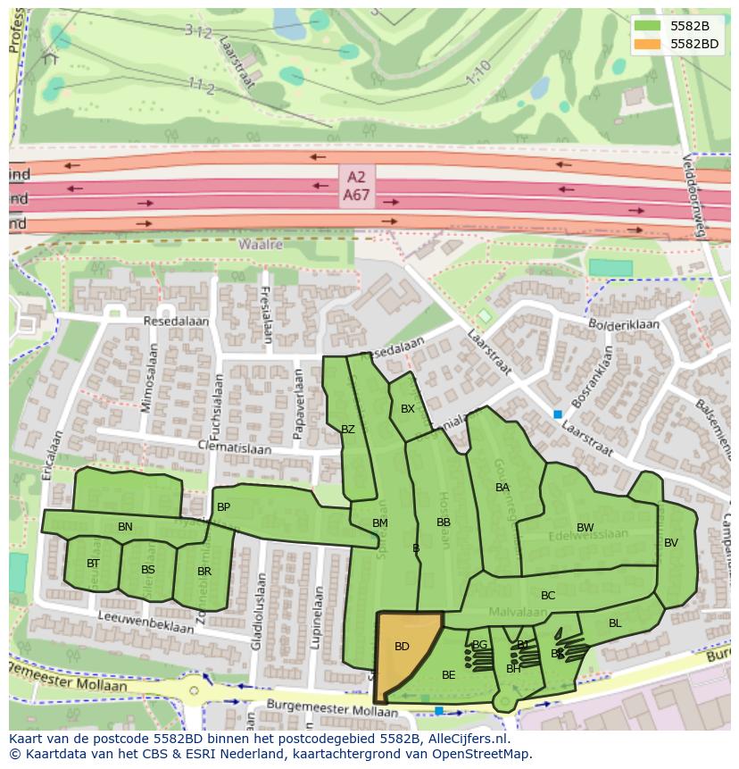 Afbeelding van het postcodegebied 5582 BD op de kaart.