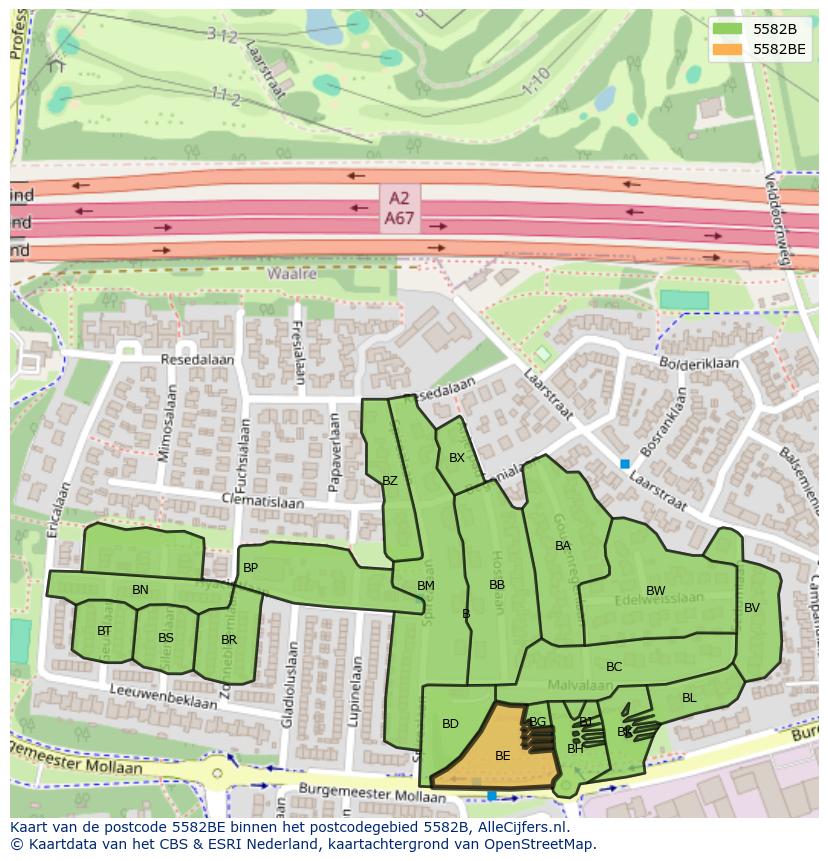 Afbeelding van het postcodegebied 5582 BE op de kaart.