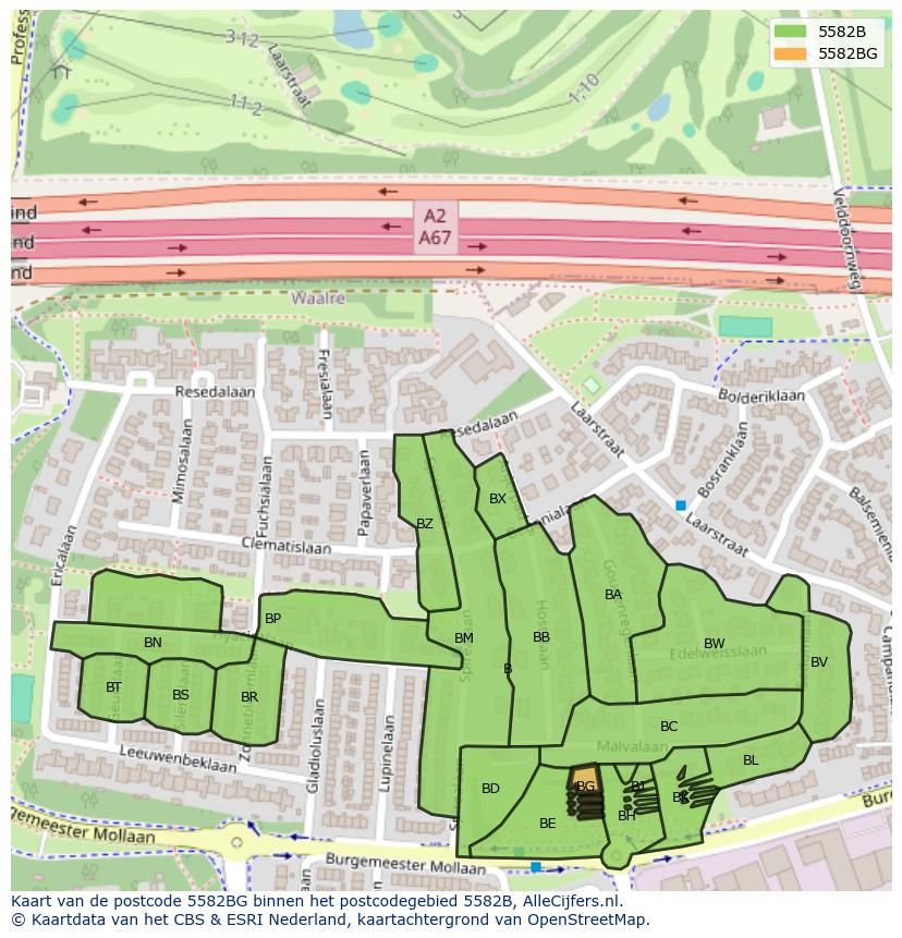 Afbeelding van het postcodegebied 5582 BG op de kaart.