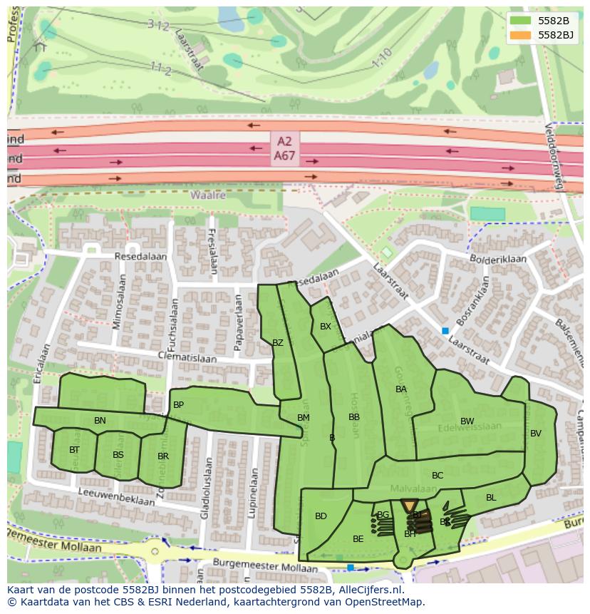 Afbeelding van het postcodegebied 5582 BJ op de kaart.