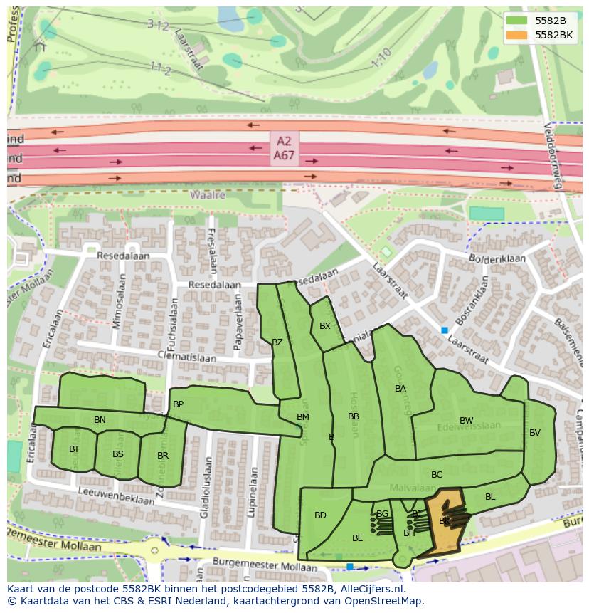 Afbeelding van het postcodegebied 5582 BK op de kaart.