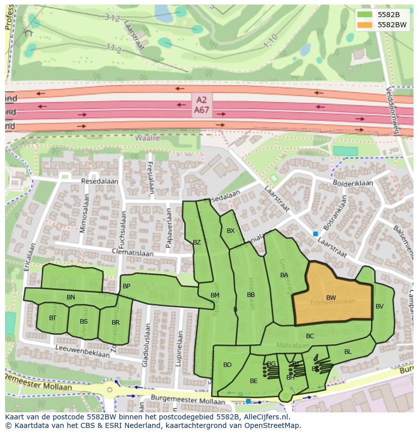 Afbeelding van het postcodegebied 5582 BW op de kaart.
